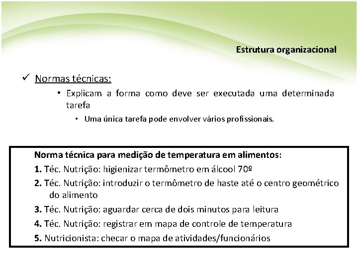 Estrutura organizacional ü Normas técnicas: • Explicam a forma como deve ser executada uma