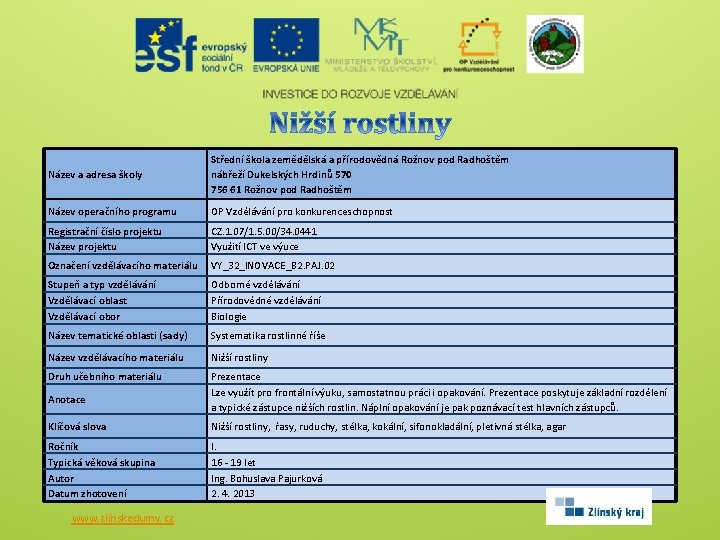 Název a adresa školy Střední škola zemědělská a přírodovědná Rožnov pod Radhoštěm nábřeží Dukelských