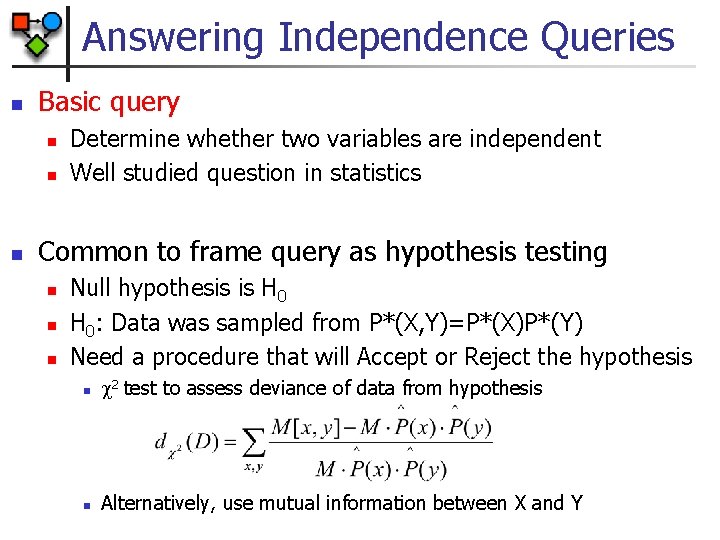 Answering Independence Queries n Basic query n n n Determine whether two variables are