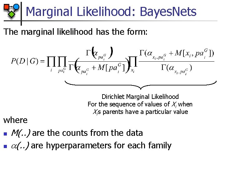 Marginal Likelihood: Bayes. Nets The marginal likelihood has the form: where n n Dirichlet