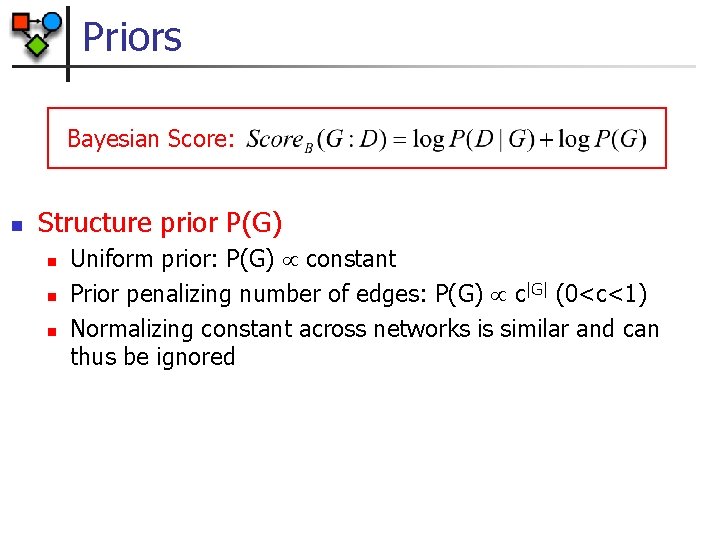Priors Bayesian Score: n Structure prior P(G) n n n Uniform prior: P(G) constant