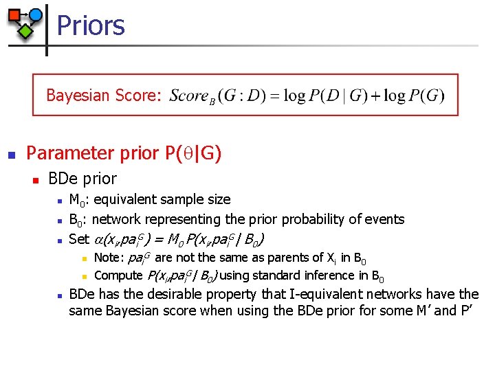 Priors Bayesian Score: n Parameter prior P( |G) n BDe prior n n M