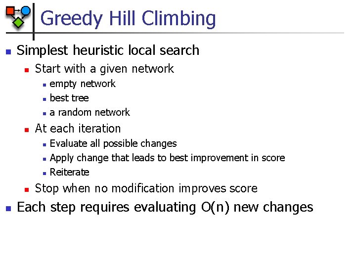 Greedy Hill Climbing n Simplest heuristic local search n Start with a given network