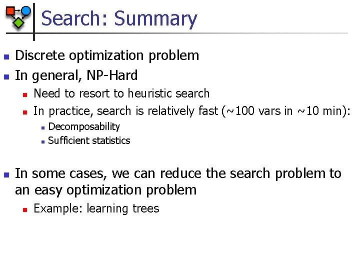 Search: Summary n n Discrete optimization problem In general, NP-Hard n n Need to