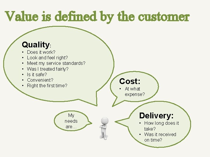 Value is defined by the customer Quality: • • Does it work? Look and