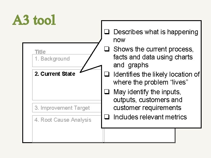 A 3 tool Title 1. Background 2. Current State 3. Improvement Target 4. Root