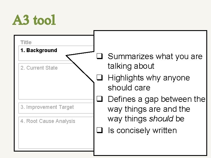 A 3 tool Title 1. Background 2. Current State 3. Improvement Target 4. Root