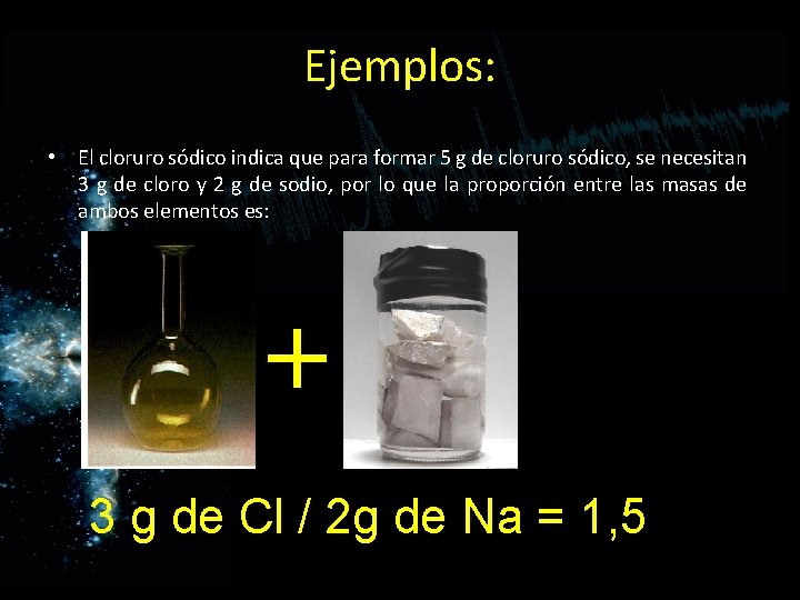 Ejemplos: • El cloruro sódico indica que para formar 5 g de cloruro sódico, Ejemplos: • El cloruro sódico indica que para formar 5 g de cloruro sódico,