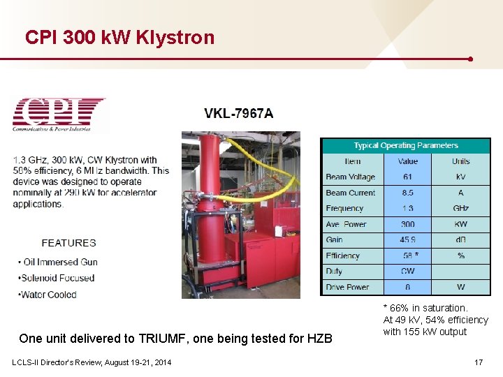 CPI 300 k. W Klystron * One unit delivered to TRIUMF, one being tested