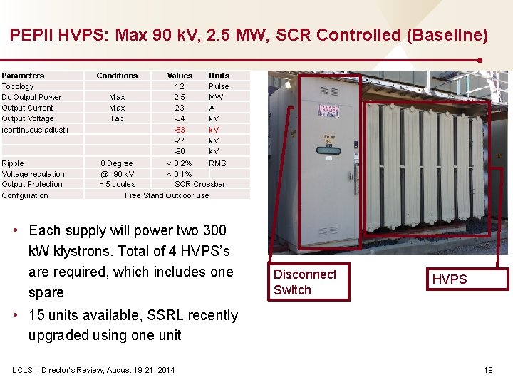 PEPII HVPS: Max 90 k. V, 2. 5 MW, SCR Controlled (Baseline) Parameters Topology