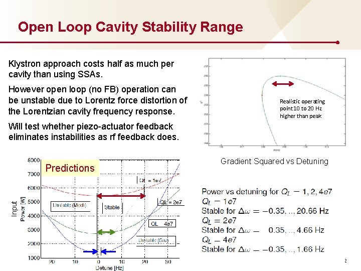 Open Loop Cavity Stability Range Klystron approach costs half as much per cavity than