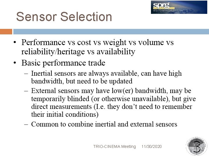 Sensor Selection TRIO-CINEMA Meeting 11/30/2020 