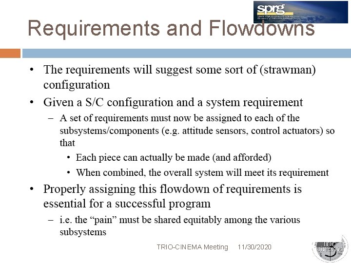 Requirements and Flowdowns TRIO-CINEMA Meeting 11/30/2020 