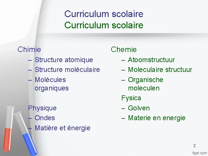 Curriculum scolaire Chimie – Structure atomique – Structure moléculaire – Molécules organiques Physique –