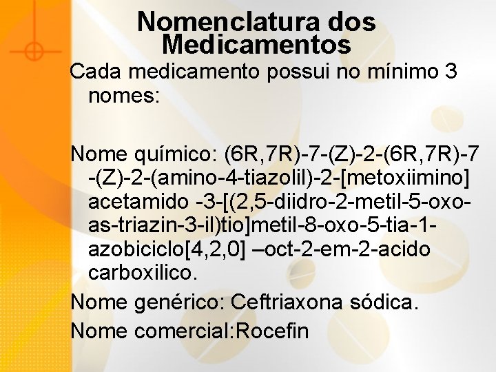 Nomenclatura dos Medicamentos Cada medicamento possui no mínimo 3 nomes: Nome químico: (6 R,