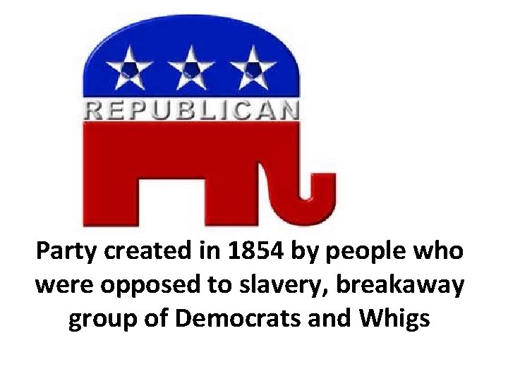 Party created in 1854 by people who were opposed to slavery, breakaway group of