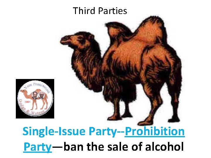 Third Parties Single-Issue Party--Prohibition Party—ban the sale of alcohol 