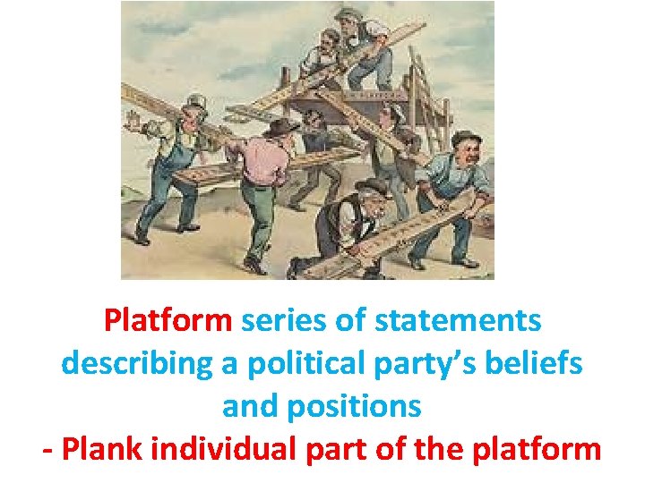 Platform series of statements describing a political party’s beliefs and positions - Plank individual