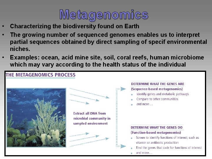 Metagenomics • Characterizing the biodiversity found on Earth • The growing number of sequenced