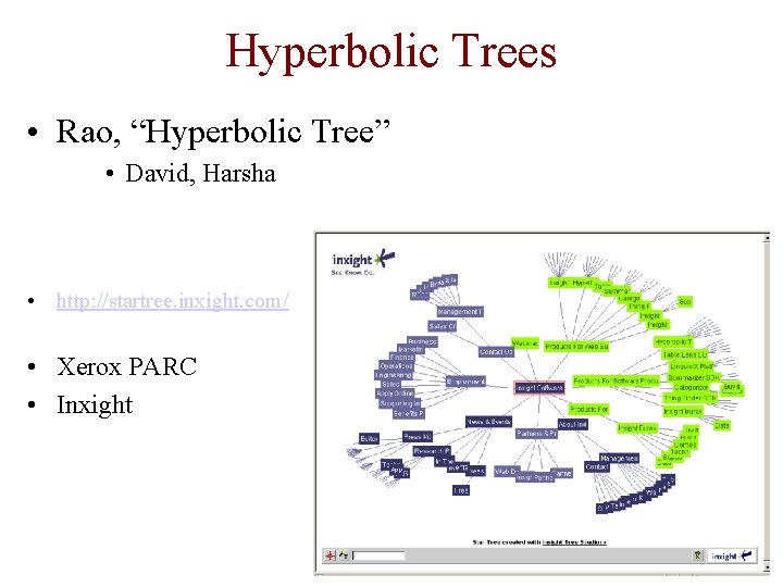 Hyperbolic Trees • Rao, “Hyperbolic Tree” • David, Harsha • http: //startree. inxight. com/