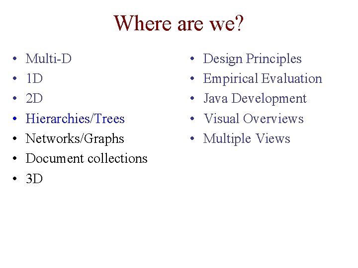 Where are we? • • Multi-D 1 D 2 D Hierarchies/Trees Networks/Graphs Document collections
