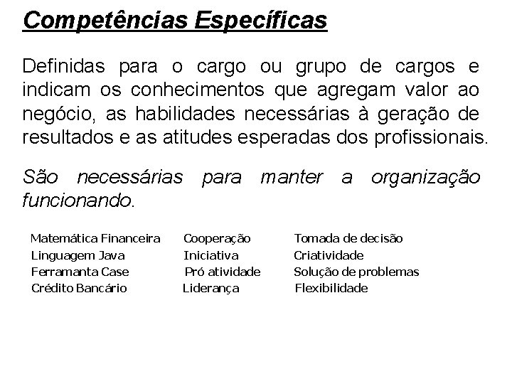 Competências Específicas Definidas para o cargo ou grupo de cargos e indicam os conhecimentos