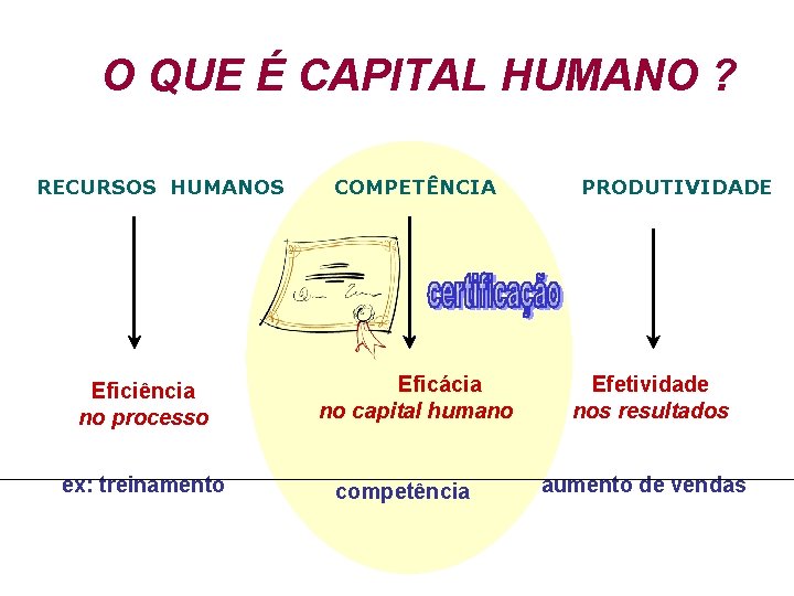 O QUE É CAPITAL HUMANO ? RECURSOS HUMANOS Eficiência no processo ex: treinamento COMPETÊNCIA