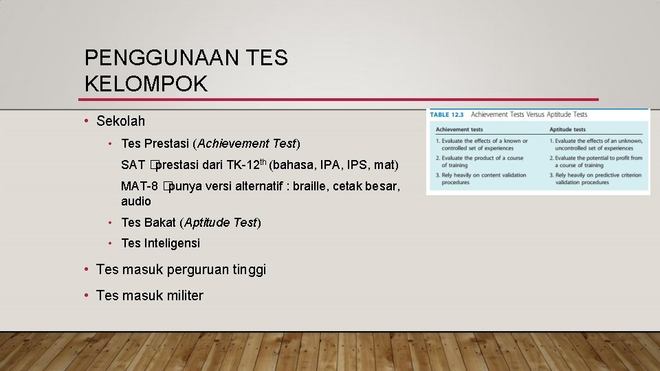 PENGGUNAAN TES KELOMPOK • Sekolah • Tes Prestasi (Achievement Test) SAT �prestasi dari TK-12