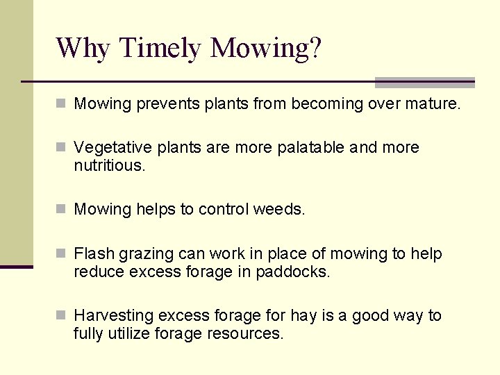 Why Timely Mowing? n Mowing prevents plants from becoming over mature. n Vegetative plants