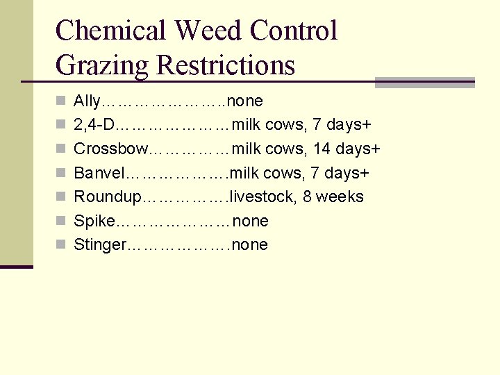 Chemical Weed Control Grazing Restrictions n Ally…………………. . none n 2, 4 -D…………………milk cows,