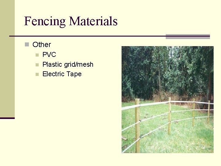 Fencing Materials n Other n PVC n Plastic grid/mesh n Electric Tape 