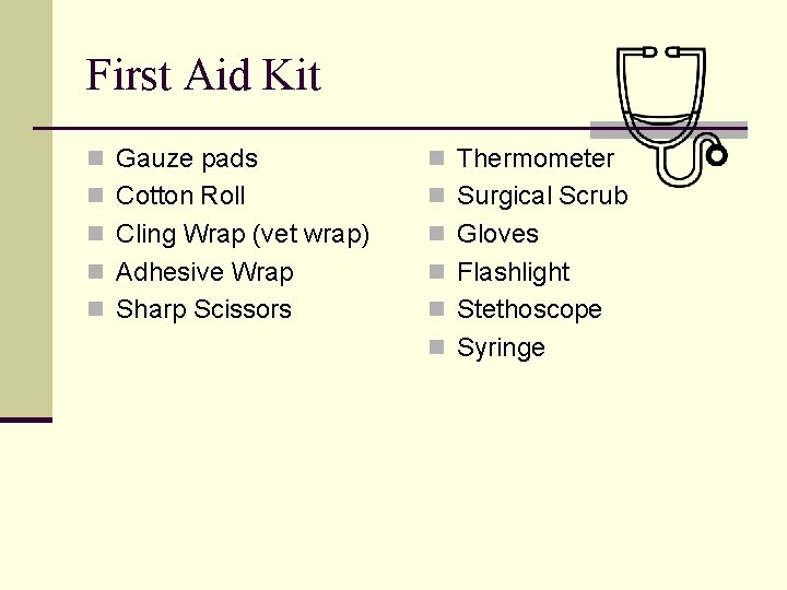 First Aid Kit n Gauze pads n Thermometer n Cotton Roll n Surgical Scrub