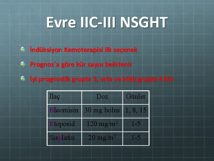 Evre IIC-III NSGHT İndüksiyon Kemoterapisi ilk seçenek Prognoz`a göre kür sayısı belirlenir İyi prognostik