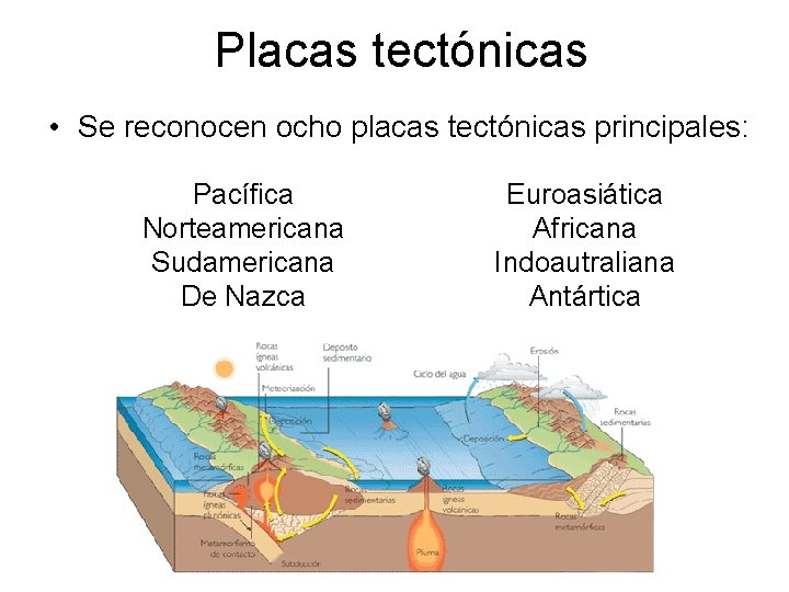 Placas tectónicas • Se reconocen ocho placas tectónicas principales: Pacífica Norteamericana Sudamericana De Nazca