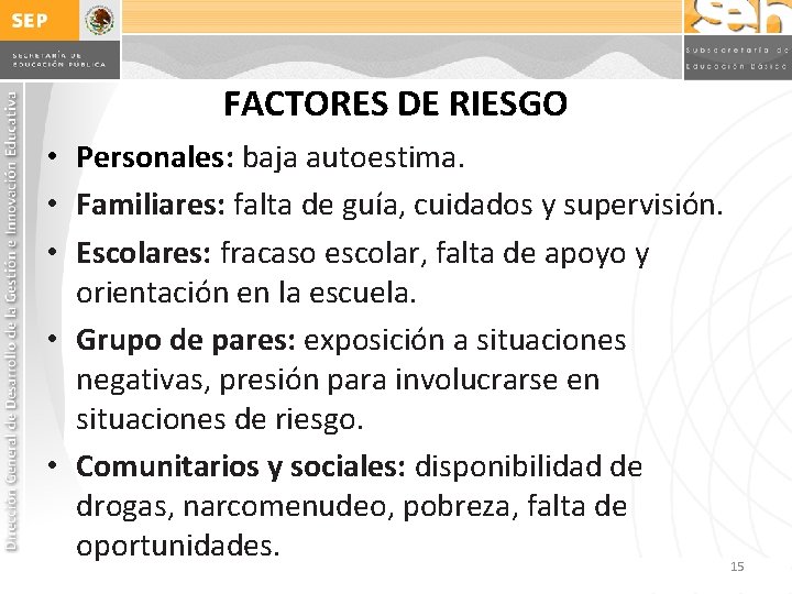 FACTORES DE RIESGO • Personales: baja autoestima. • Familiares: falta de guía, cuidados y FACTORES DE RIESGO • Personales: baja autoestima. • Familiares: falta de guía, cuidados y