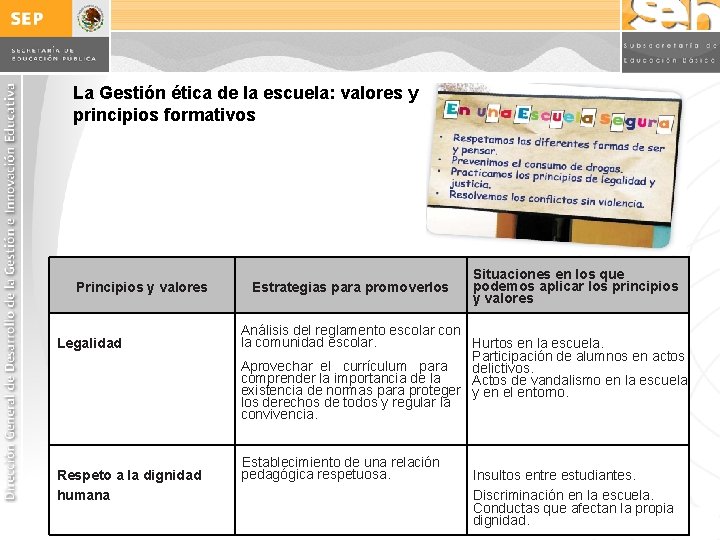 La Gestión ética de la escuela: valores y principios formativos Principios y valores Legalidad La Gestión ética de la escuela: valores y principios formativos Principios y valores Legalidad