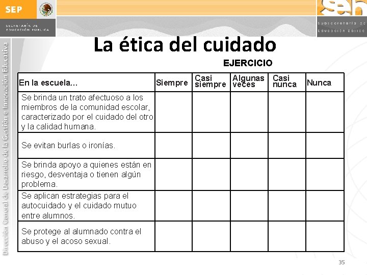 La ética del cuidado EJERCICIO En la escuela… Casi Algunas Casi Siempre siempre veces La ética del cuidado EJERCICIO En la escuela… Casi Algunas Casi Siempre siempre veces