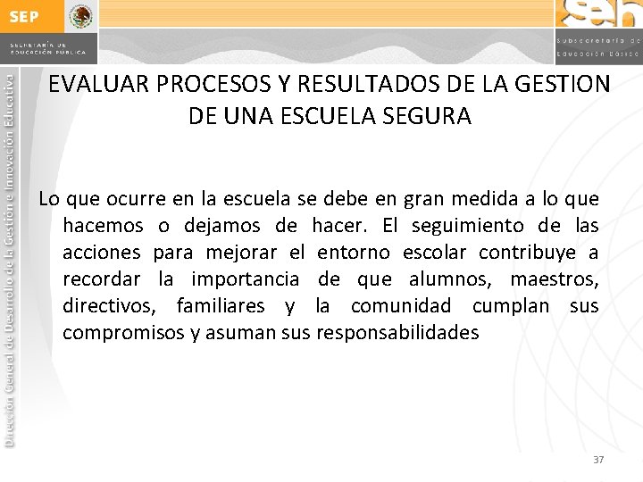 EVALUAR PROCESOS Y RESULTADOS DE LA GESTION DE UNA ESCUELA SEGURA Lo que ocurre EVALUAR PROCESOS Y RESULTADOS DE LA GESTION DE UNA ESCUELA SEGURA Lo que ocurre