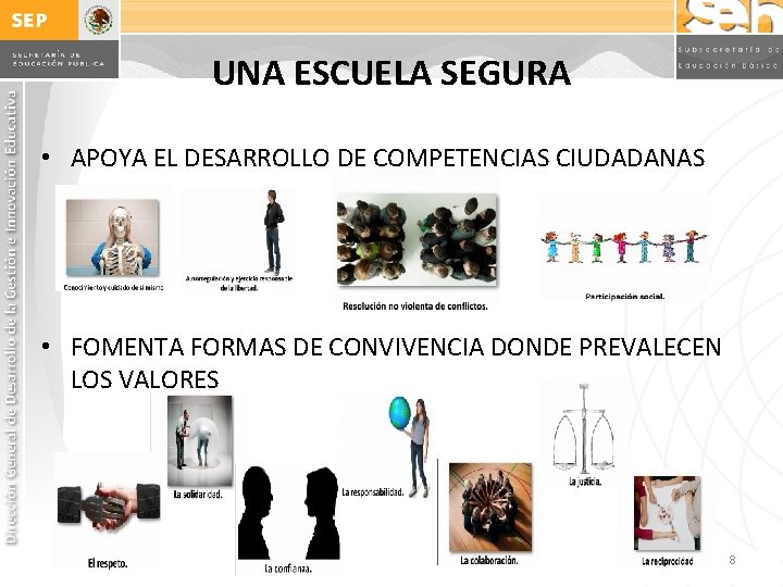 UNA ESCUELA SEGURA • APOYA EL DESARROLLO DE COMPETENCIAS CIUDADANAS • FOMENTA FORMAS DE UNA ESCUELA SEGURA • APOYA EL DESARROLLO DE COMPETENCIAS CIUDADANAS • FOMENTA FORMAS DE