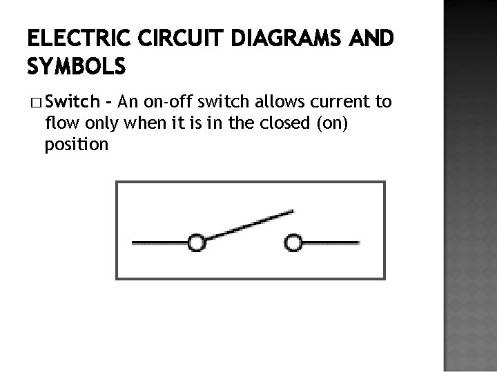 ELECTRIC CIRCUIT DIAGRAMS AND SYMBOLS � Switch - An on-off switch allows current to