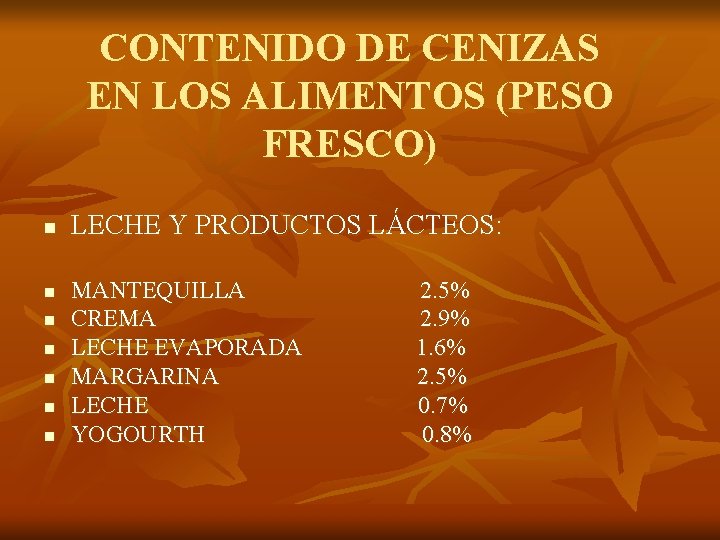 CONTENIDO DE CENIZAS EN LOS ALIMENTOS (PESO FRESCO) n n n n LECHE Y