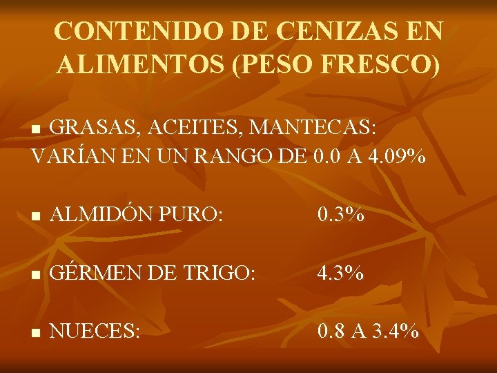 CONTENIDO DE CENIZAS EN ALIMENTOS (PESO FRESCO) GRASAS, ACEITES, MANTECAS: VARÍAN EN UN RANGO