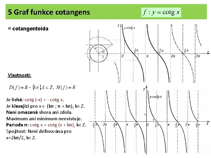 5 Graf funkce cotangens = cotangentoida Vlastnosti: Je lichá: cotg (-x) = - cotg