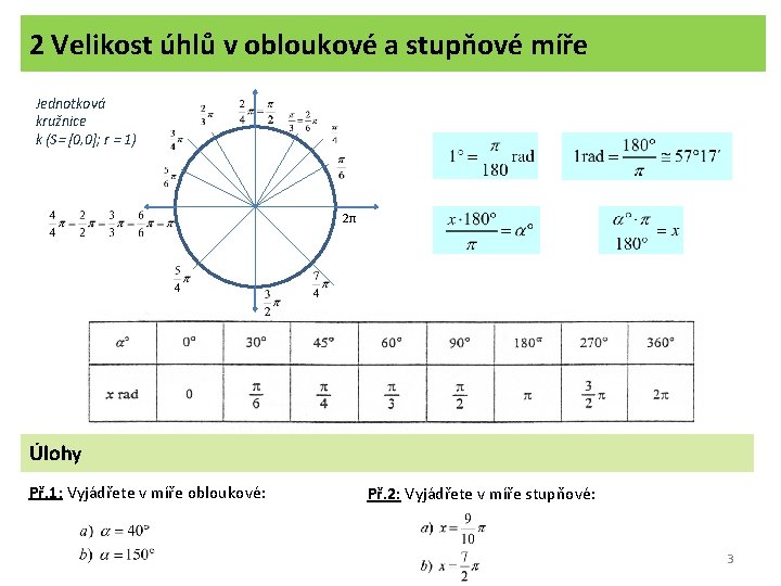 2 Velikost úhlů v obloukové a stupňové míře Jednotková kružnice k (S= [0, 0];