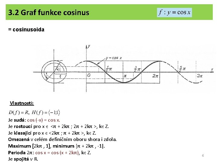 3. 2 Graf funkce cosinus = cosinusoida Vlastnosti: Je sudá: cos (-x) = cos