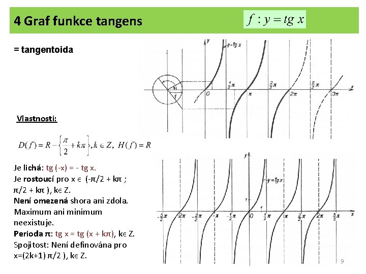 4 Graf funkce tangens = tangentoida Vlastnosti: Je lichá: tg (-x) = - tg