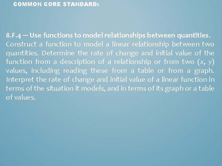COMMON CORE STANDARD: 8. F. 4 ─ Use functions to model relationships between quantities.