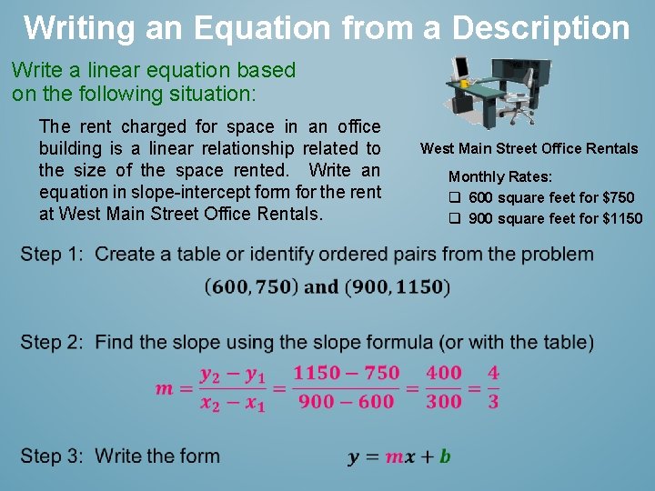 Writing an Equation from a Description Write a linear equation based on the following