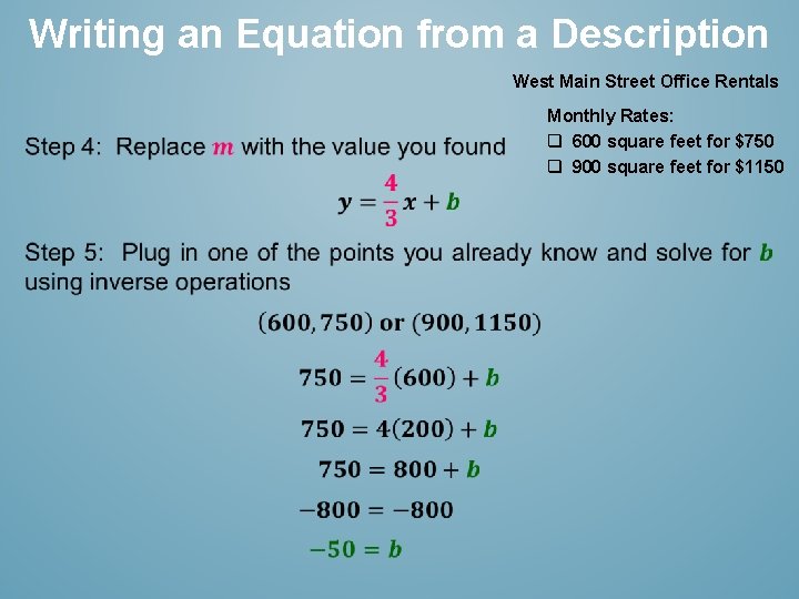 Writing an Equation from a Description West Main Street Office Rentals Monthly Rates: q