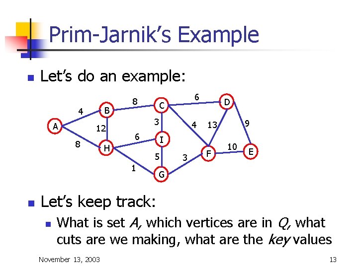 Prim-Jarnik’s Example n Let’s do an example: B 4 A 12 8 8 C